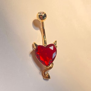 Devil Heart Belly Ring: Red CZ Surgical Steel Navel Jewelry