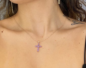 Diamond CZ Cross Necklace | Pink Diamond CZ Cross Pendant | Sterling Silver Cross Necklace | Mini Diamond Cross | Baptism Gift | Communion