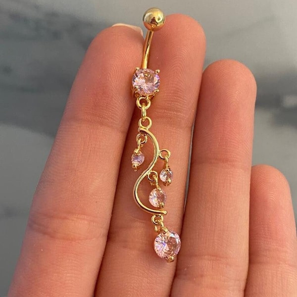 Diamond CZ Gold Dangly Belly Button Ring/ Pink Dangly Chain Belly Button Ring/ Surgical Steel Belly Button Ring / Dangly Chain Belly Ring