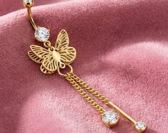 14k Gold Butterfly Belly Ring: CZ Chain Dangly Navel Piercing