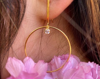 Hoop Earrings / Geometric Hoop Earrings / Minimalistic Hoop Earrings / Yellow Gold Plated Hoop Earrings /  Cubic Zirconia Hoop Earrings
