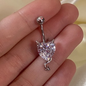 Devil Heart Belly Ring: Surgical Steel CZ Navel Jewelry