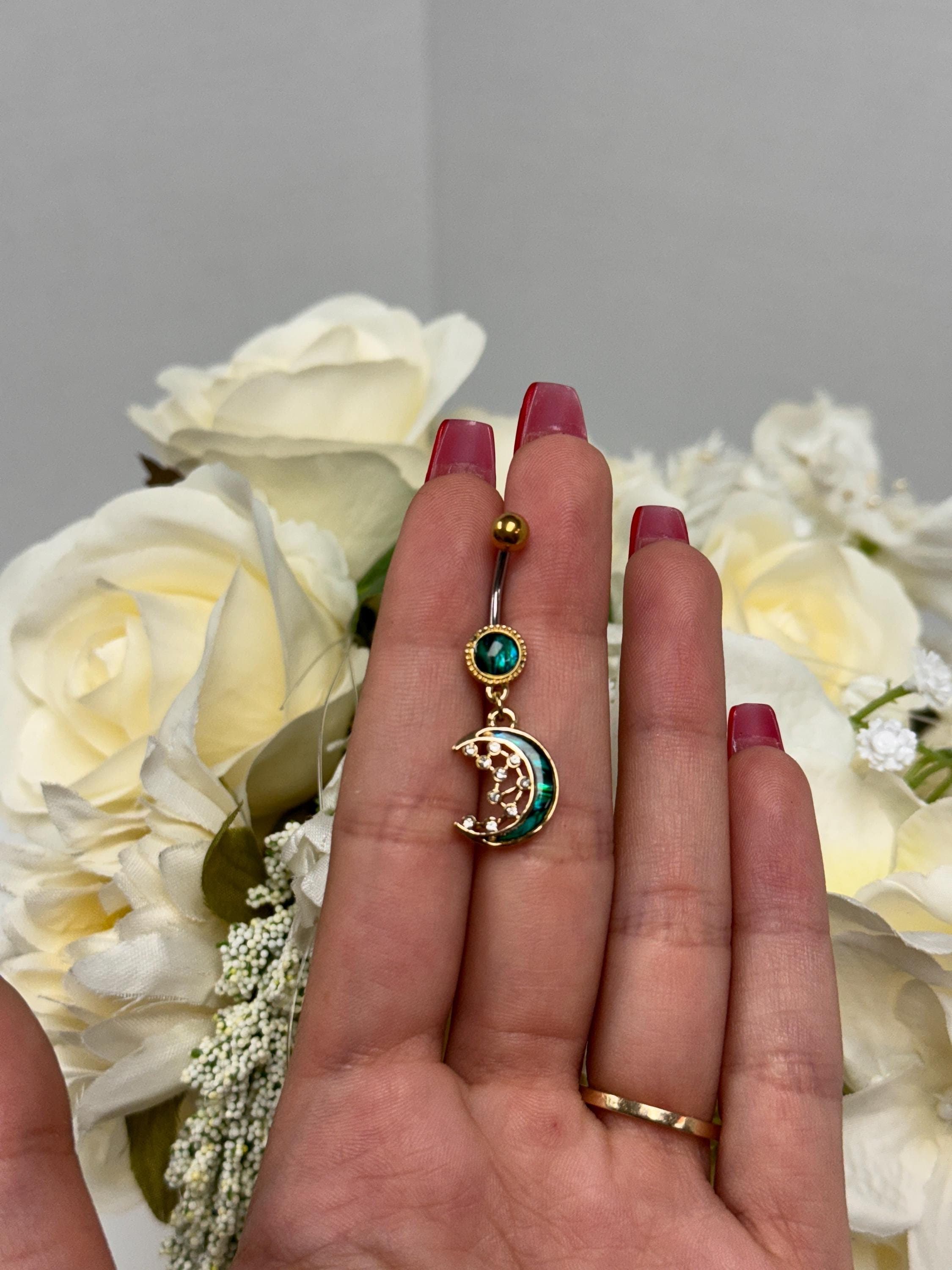 Sparkly Moon Belly Ring: Surgical Steel Navel Piercing