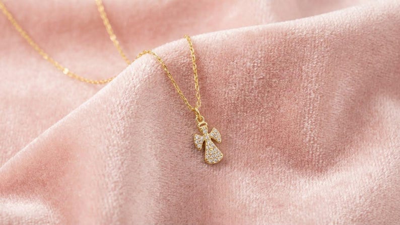 Dainty Angel Necklace: Sterling Silver Guardian Pendant, CZ Stones image 4
