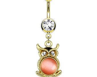 Owl Belly Ring Gold Owl Belly Button Ring Cat Eye Belly Ring Sparkly Belly Ring Dangly Owl Belly Ring Owl Body Jewelry Etsy UK
