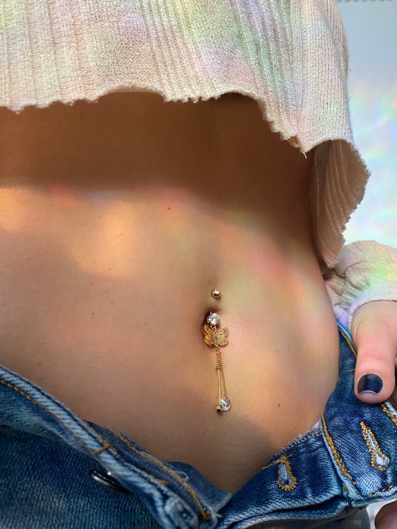 Butterfly Fairy with 3 Layered CZ Drop Belly Button Navel Ring Butterfly Fairy with 3 Layered CZ Drop Belly Button Navel Ring