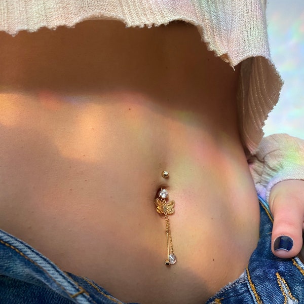Butterfly Belly Ring/ 14k Gold Belly Button Ring/ Dangly Butterfly Belly Ring/ Dangly Belly Ring/ CZ Chain Piercing/ Sparkly Body Jewelry