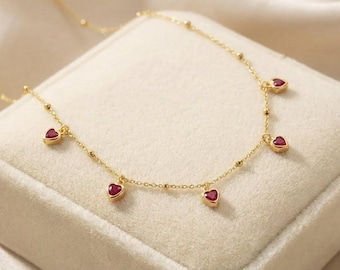Gold Plated Sterling Silver Heart Choker: Ruby Red CZ Romantic Necklace