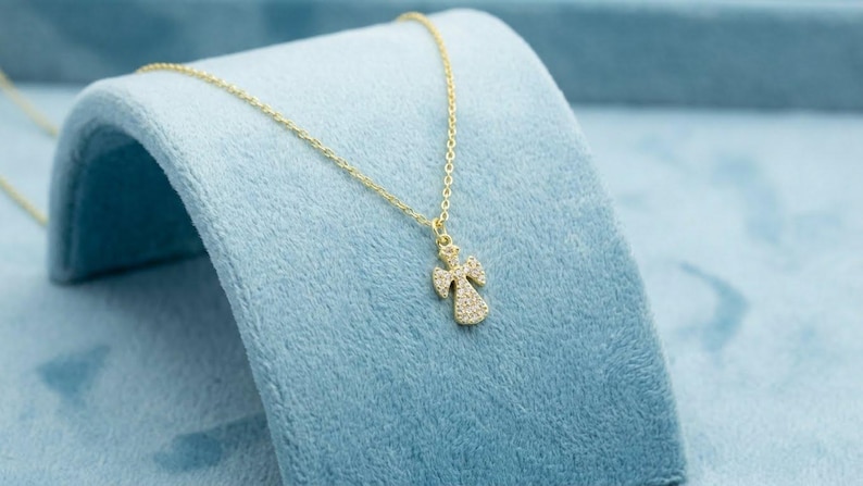 Dainty Angel Necklace: Sterling Silver Guardian Pendant, CZ Stones image 2