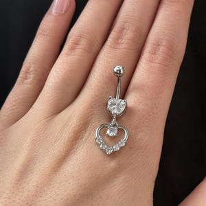 Diamond Cz Heart Belly Ring/ Dangly Heart Belly Button Ring/ Dangly Heart Summer Belly Ring/ Cute Sparkly Belly Rings / Summer Jewelry