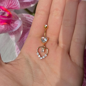 Gold Diamond CZ Heart Belly Ring/ Gold Plated Dangly Heart Belly Button Ring/ Dangly Heart Summer Belly Ring/ Cute Sparkly Belly Rings