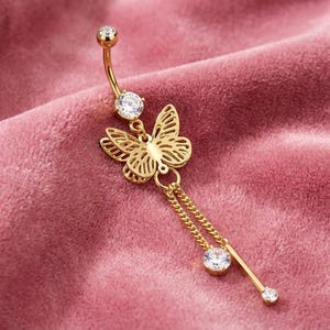 14k Gold Butterfly Belly Ring: CZ Chain Dangly Navel Piercing