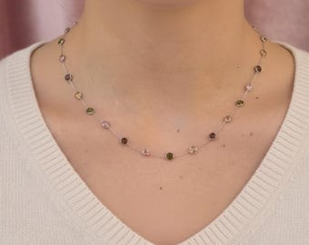 Sterling Silver Multicolor CZ Station Necklace: Dainty Gemstone Chain