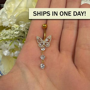 Butterfly Belly Ring: Vintage Gold Dangly Body Jewelry