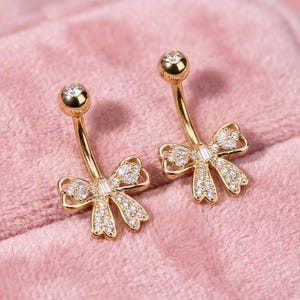 Gold Bow Belly Ring: CZ Diamond Coquette Body Jewelry