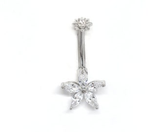 CZ Flower Belly Ring: Surgical Steel Body Jewelry