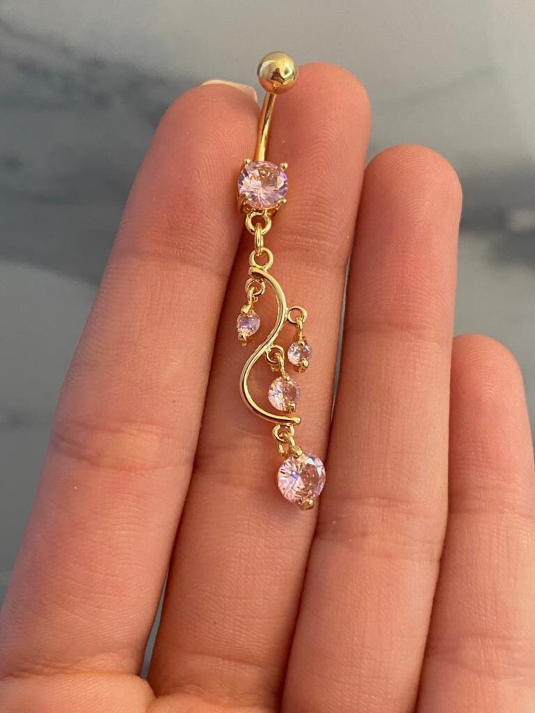 Diamond CZ Gold Dangly Belly Button Ring/ Pink Dangly Chain Belly