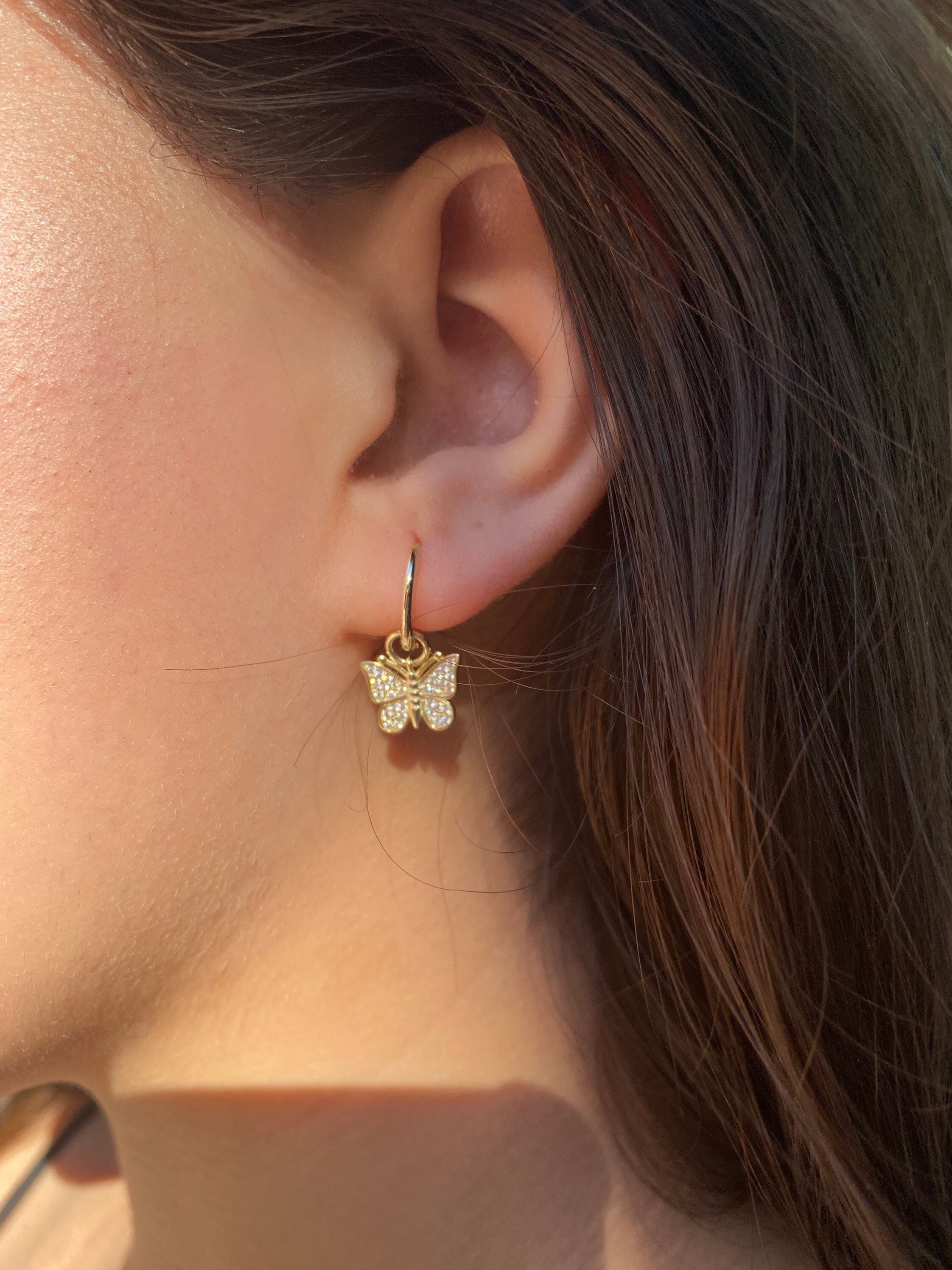 Diamond CZ Gold Butterfly Earrings / Butterfly Hoop Earrings