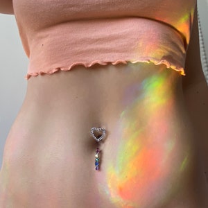 CZ Heart Reverse Belly Ring: Surgical Steel Navel Piercing