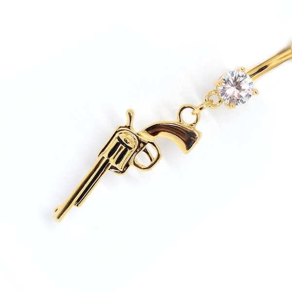 Gold Dangly Gun Belly Ring/ Surgical Steel Belly Button Ring/ Navel Piercing / Gun Belly Ring/ Weaponized Jewelry/ Body Jewelry / Belly Ring