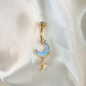 Gold Plated Moon & Star Belly Ring: Faux Opal Navel Jewelry