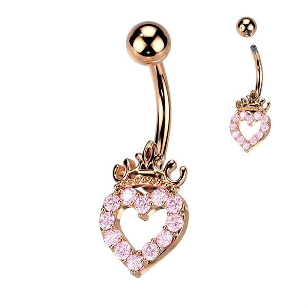 Gold Heart Crown Belly Button Ring/ CZ Sparkly Belly Piercing/ Crown Heart Belly Ring/ Heart Belly Ring /Crown Belly Ring