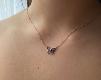 Collana Girocollo Boho A Farfalla Con Strass - Argento, Cristalli Scintillanti, Catena Regolabile 41+5 Cm
