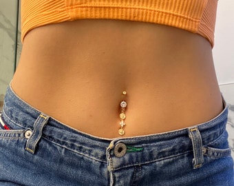 Diamond CZ Flower Belly Ring/ 14k Gold Belly Button Ring/ Dangly Flower Belly Ring/ Dangly Belly Ring/ CZ Chain Piercing