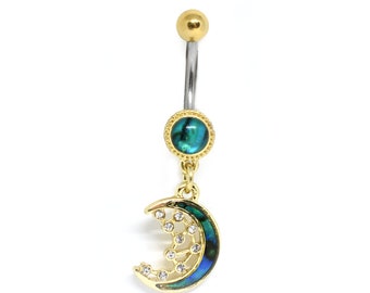 Gold Dangly Moon Belly Ring/ Crescent Moon Belly Button Piercing/ Mother of Pearl Ring / Moon Navel Ring/ Dangly Belly Rings/ Body Jewelry