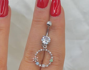 Floral Eternity Circle Belly Ring, 316L Stainless Steel, CZ Enamel Flowers