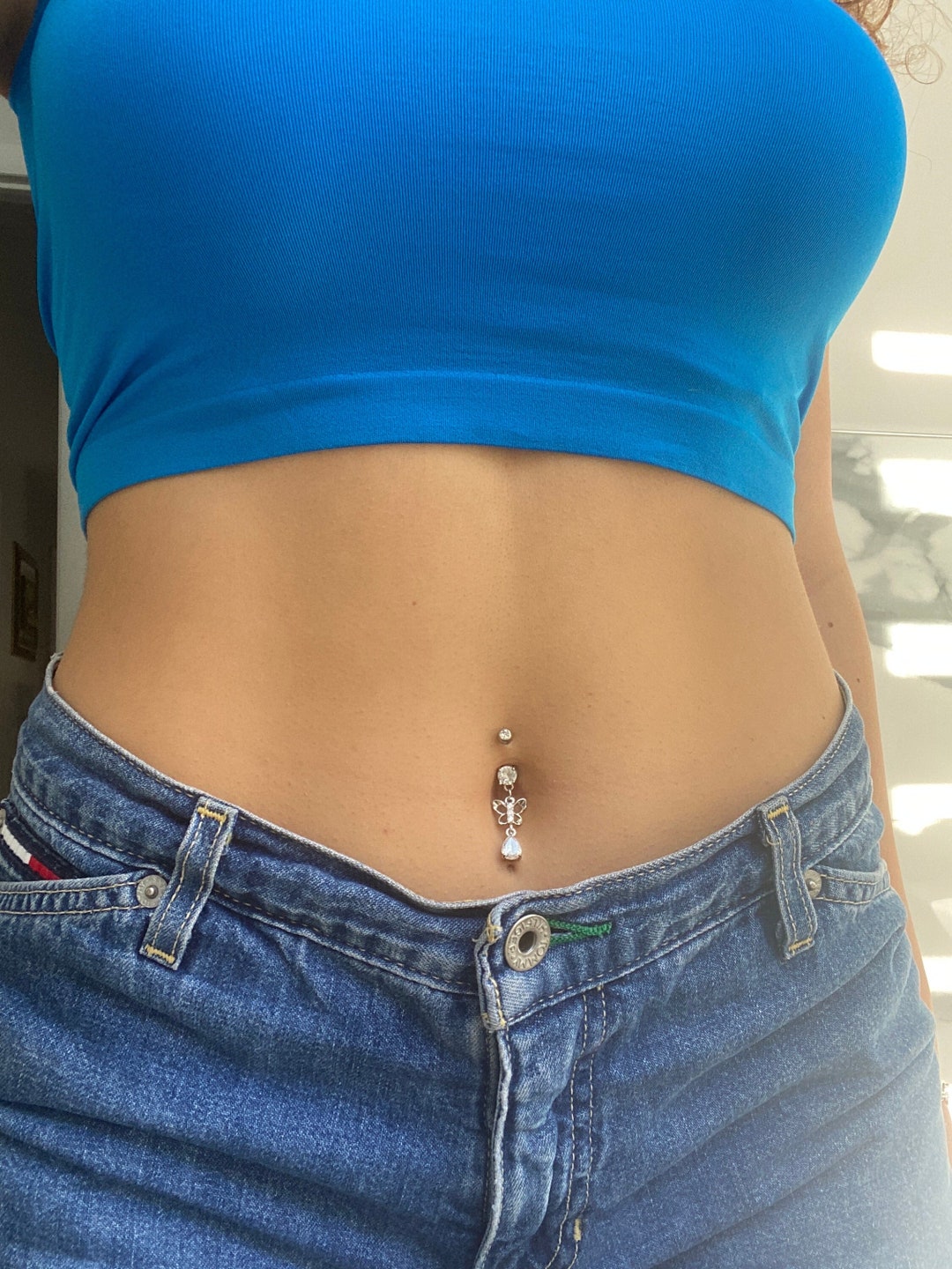 Butterfly Belly Ring/ 14k Gold Belly Button Ring/ Dangly Butterfly