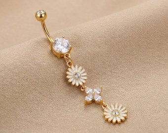 CZ Flower Belly Ring: 14k Gold Dangly Navel Piercing