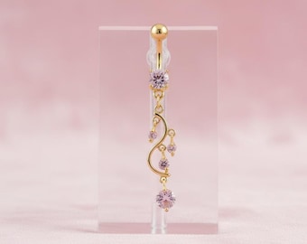 Gold Dangly Belly Ring: Pink CZ Surgical Steel Navel Jewelry