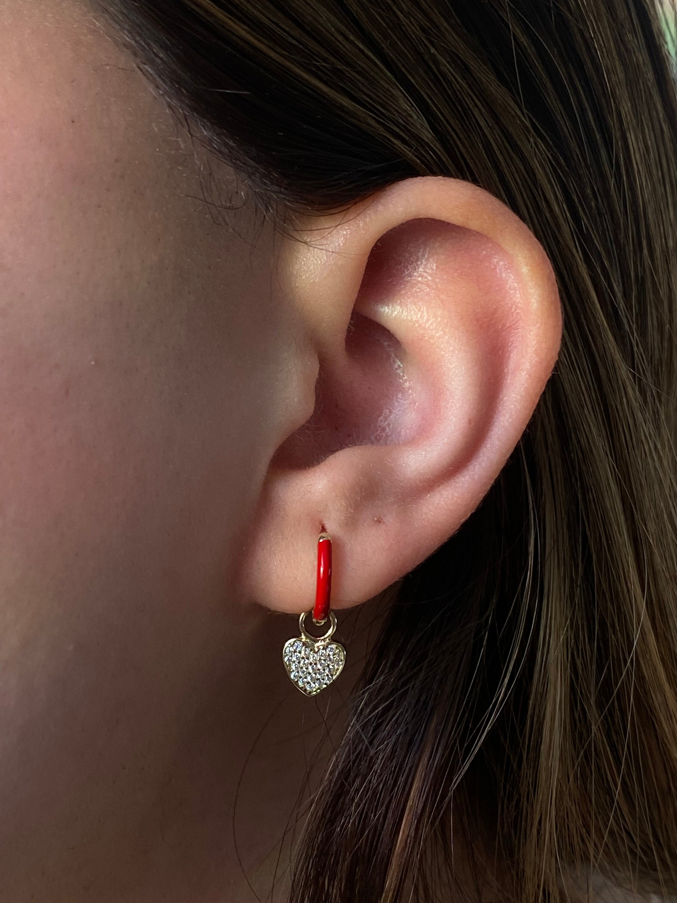 Sterling Silver Heart Huggie Hoop Earrings: Red Enamel, Cubic