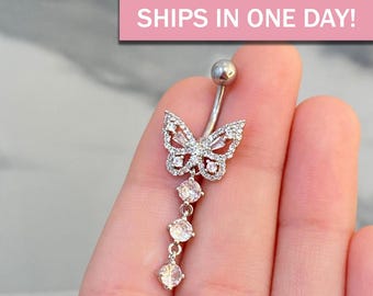 Butterfly Belly Ring/ 14k Gold Belly Button Ring/ Dangly Butterfly Belly Ring/ Dangly Belly Ring/ CZ Chain Piercing/ Sparkly Body Jewelry