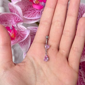 Pink Heart Dangly Belly Ring/ Pink CZ Heart Belly Button Ring/ Dangly Heart Belly Ring/ Dangly Belly Ring/ CZ Heart Piercing/ Body Jewelry