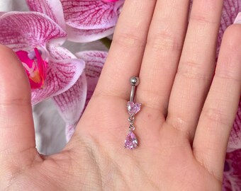 Piercing para el ombligo con circonita cúbica rosa en forma de corazón - Joyería corporal de acero quirúrgico