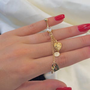 Gold Lock and Key Heart Dangle Belly Ring, Cute Everyday Body Jewelry