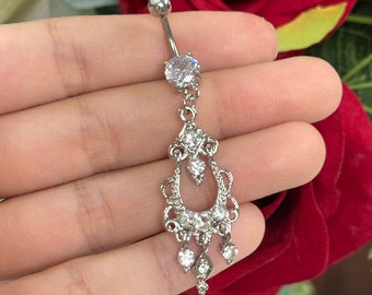 Diamond CZ Dangly Belly Ring/ Chandelier Diamond CZ Belly Button Ring/ Dangly Flower Belly Ring/ Dangly Belly Ring/ CZ Chain Piercing