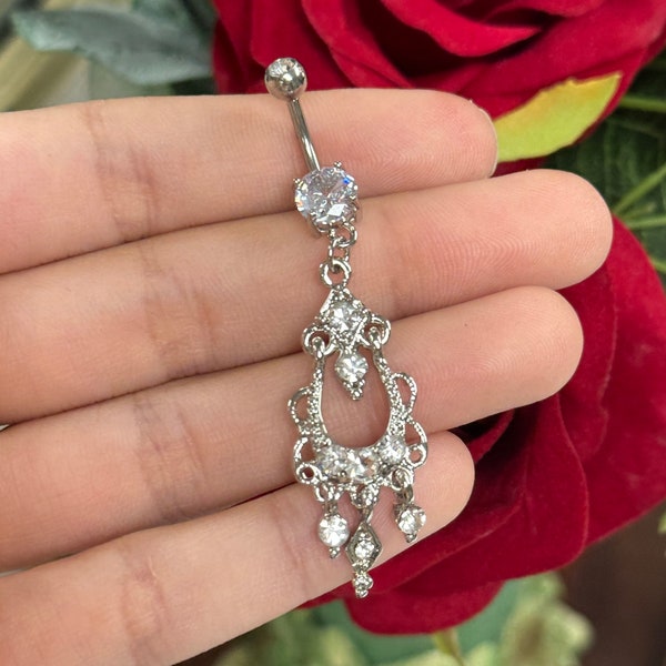 Diamond CZ Dangly Belly Ring/ Chandelier Diamond CZ Belly Button Ring/ Dangly Flower Belly Ring/ Dangly Belly Ring/ CZ Chain Piercing