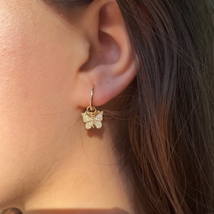 Sterling Silver Butterfly Huggie Earrings: Cubic Zirconia Dangly Hoops
