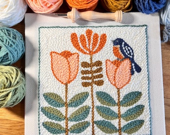 Bluebird in the tulips / Punch Needle Kit / rug making / yarn craft
