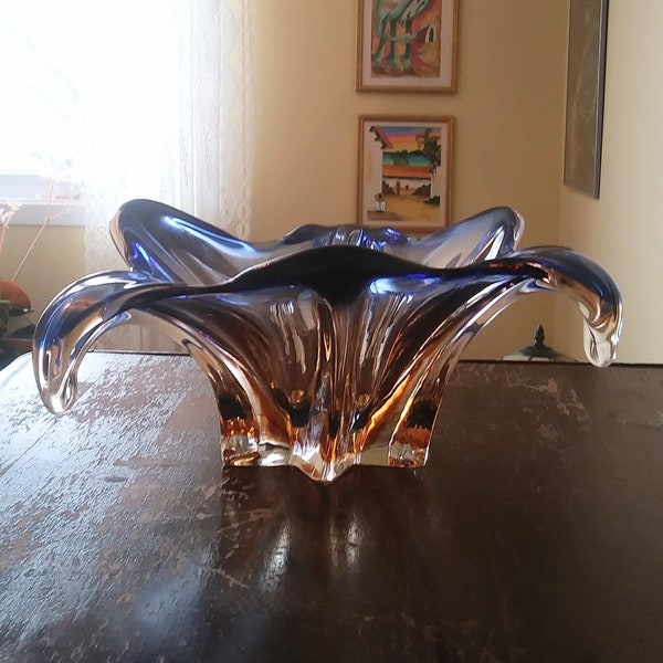 Murano Amber Brown Blue Vase From JI Co. Made in Italy/Vintage Hand Blown Murano Glowing Vase/Murano Glass/Vintage MCM Glowing Glass Bowl