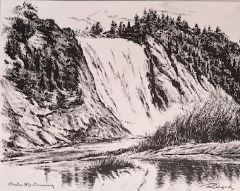 Grabado artístico original de Quebec, cataratas de Montmorency, firmado por Richard, dibujo en tinta en blanco y negro, boceto a tinta, grabado al aguafuerte.