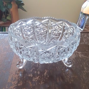 American Brilliant Period Glass Bowl ABP Cut Glass/Antique 3 Footed Clear Glass Bowl/Vintage Glass Serving Dish Bowl Sawtooth Edge
