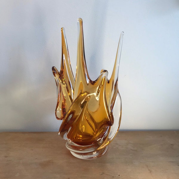 Chalet Glass Splash Vase/Signed Chalet Glass/Canadian Glass/Vintage Amber Blown Art Glass Centerpiece/Manganese Glowing Glass