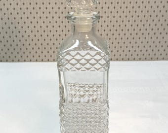 Vintage Pressed Glass Decanter / Whiskey Decanter / Square Decanter with Diamond Point Pattern / Wine Bottle / Wine Decanter with Square Stopper
