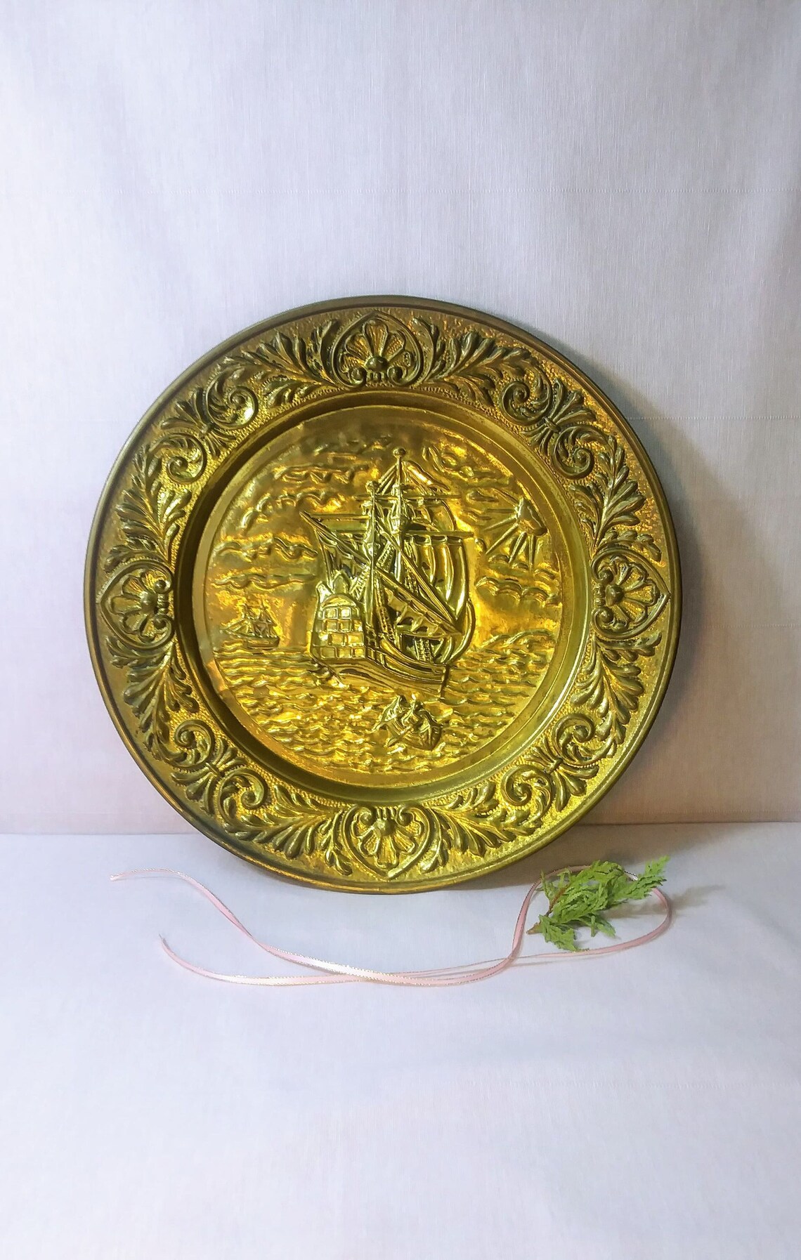 Sailing Ship Pressed Metal Wall Plate/vintage Tin Decorative Nautical