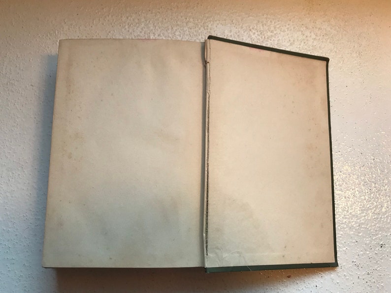 May include: An open book with a green cover and blank white pages. The book is lying flat on a white surface.