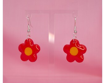 60/'s style Retro mary quant twiggy acrylic hand made oversized DANGLE earrings 60/'s style Red or deep Pink